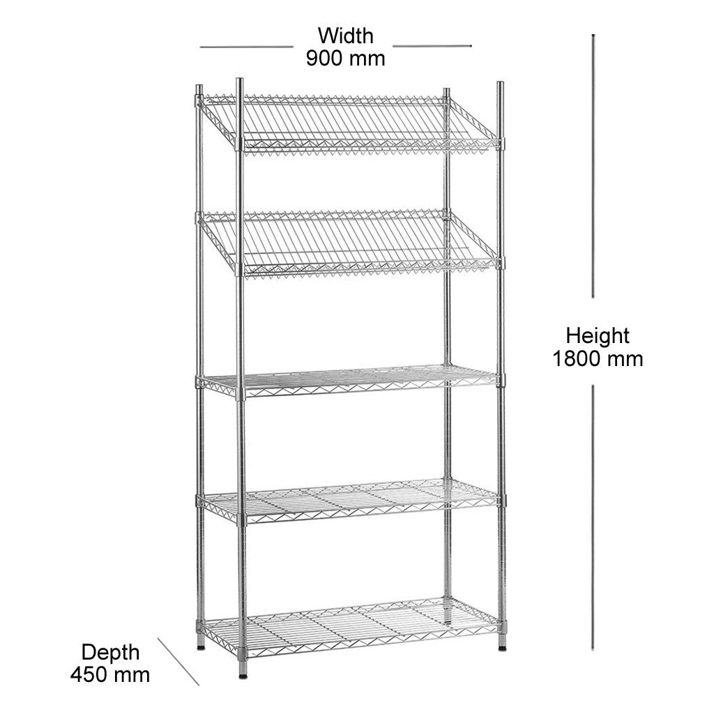 5 Tier Chrome Wire Shelving Unit with Slanted and Straight Shelves - H1800 x D450mm