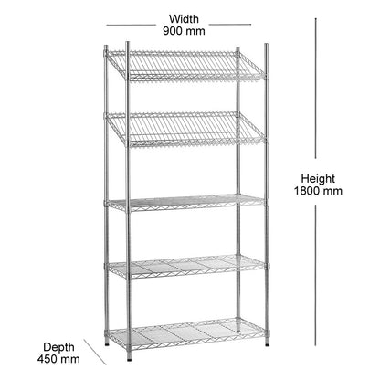 5 Tier Chrome Wire Shelving Unit with Slanted and Straight Shelves - H1800 x D450mm