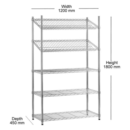 5 Tier Chrome Wire Shelving Unit with Slanted and Straight Shelves - H1800 x D450mm