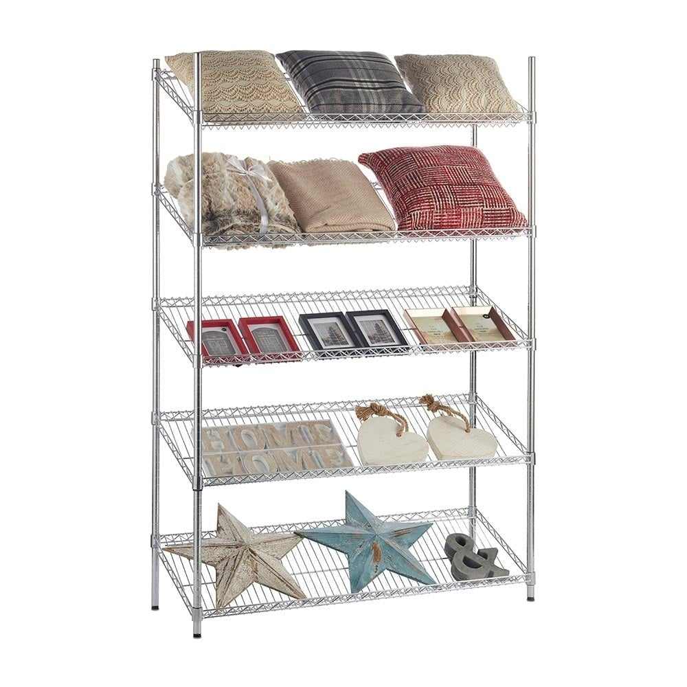 5 Tier Chrome Wire Shelving Unit with Slanted Shelves - H2100 x D450mm
