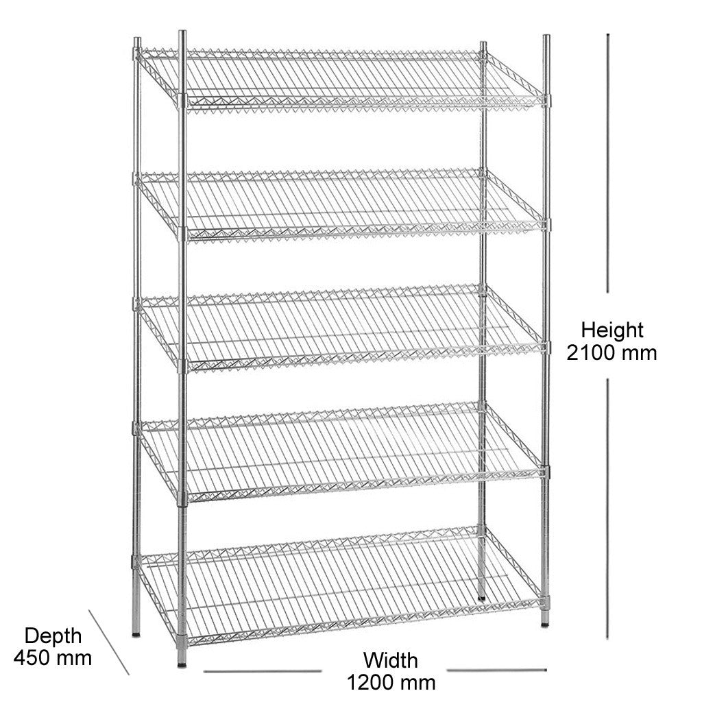 5 Tier Chrome Wire Shelving Unit with Slanted Shelves - H2100 x D450mm