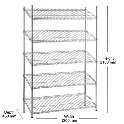 5 Tier Chrome Wire Shelving Unit with Slanted Shelves - H2100 x D450mm
