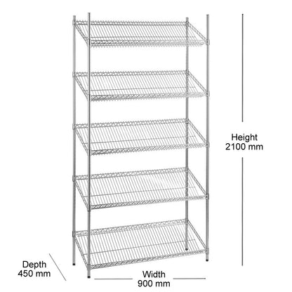 5 Tier Chrome Wire Shelving Unit with Slanted Shelves - H2100 x D450mm