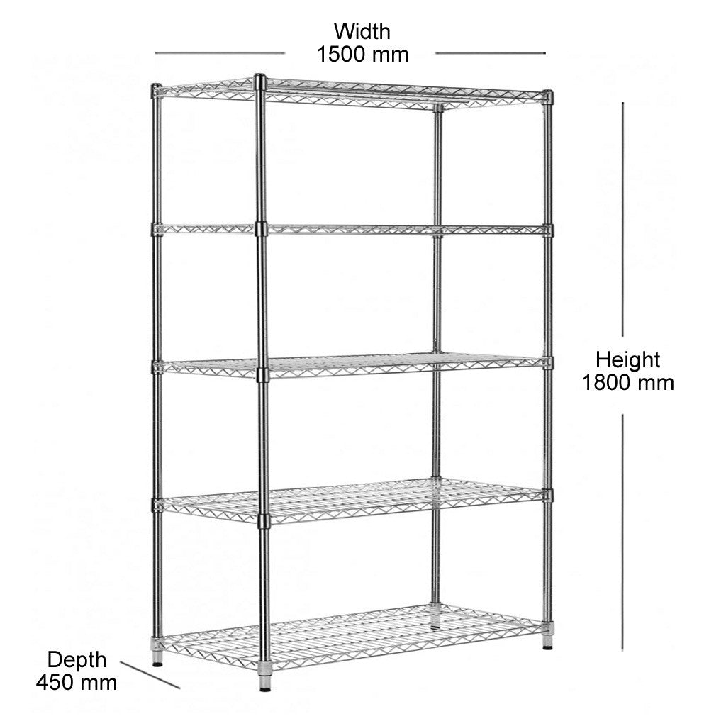 5 Tier Heavy Duty Chrome Wire Shelving Unit - H1800 x D450mm