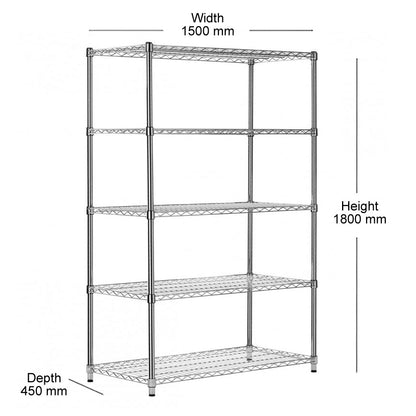 5 Tier Heavy Duty Chrome Wire Shelving Unit - H1800 x D450mm