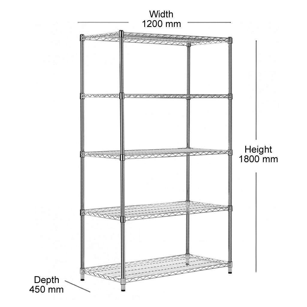 5 Tier Heavy Duty Chrome Wire Shelving Unit - H1800 x D450mm