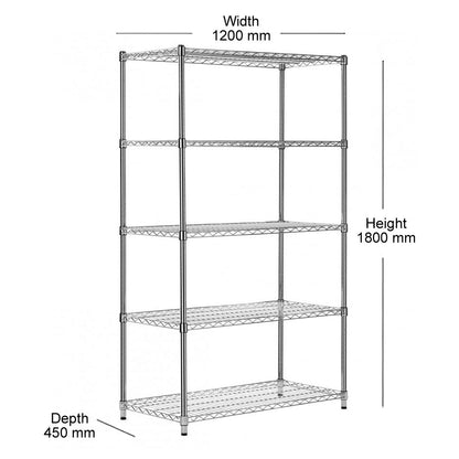 5 Tier Heavy Duty Chrome Wire Shelving Unit - H1800 x D450mm