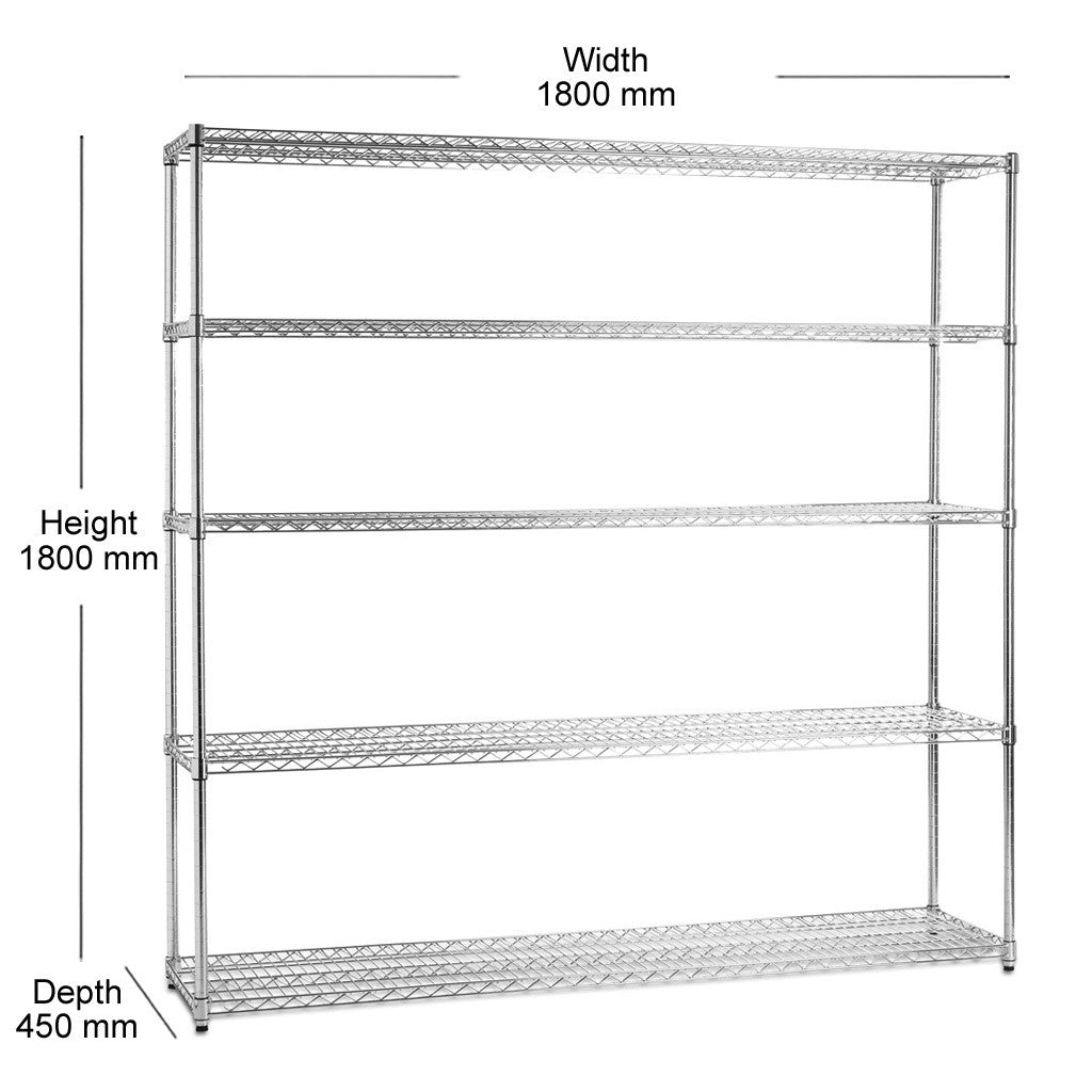 5 Tier Heavy Duty Chrome Wire Shelving Unit - H1800 x D450mm
