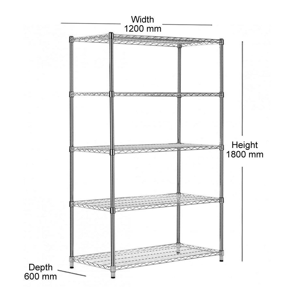 5 Tier Heavy Duty Chrome Wire Shelving Unit - H1800 x D600mm