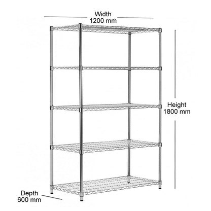 5 Tier Heavy Duty Chrome Wire Shelving Unit - H1800 x D600mm