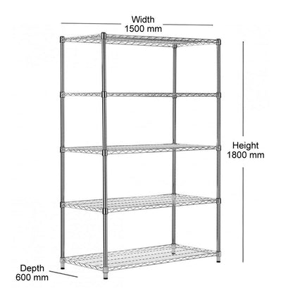5 Tier Heavy Duty Chrome Wire Shelving Unit - H1800 x D600mm