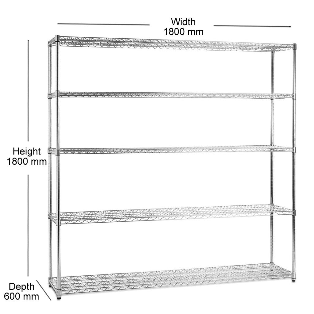 5 Tier Heavy Duty Chrome Wire Shelving Unit - H1800 x D600mm