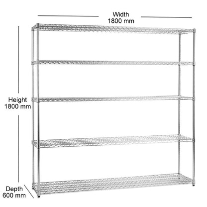 5 Tier Heavy Duty Chrome Wire Shelving Unit - H1800 x D600mm