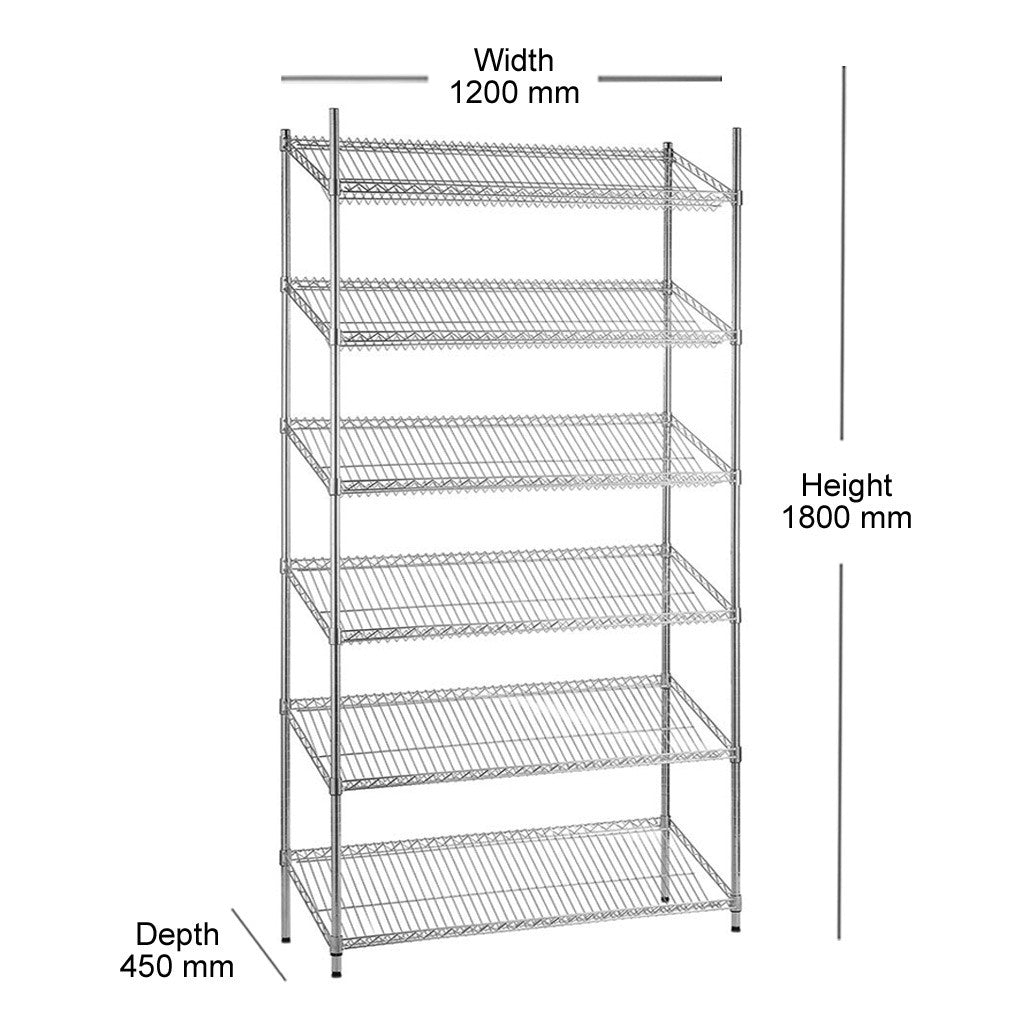6 Tier Chrome Wire Shelving Unit with Slanted Shelves - H1800 x D450mm