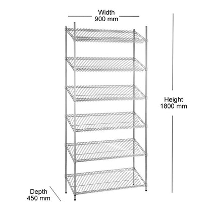 6 Tier Chrome Wire Shelving Unit with Slanted Shelves - H1800 x D450mm