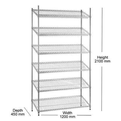 6 Tier Chrome Wire Shelving Unit with Slanted Shelves - H2100 x D450mm