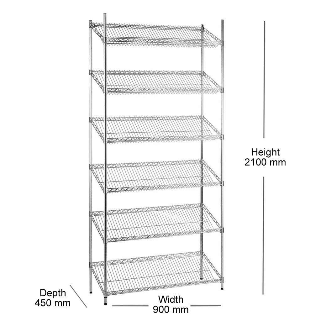 6 Tier Chrome Wire Shelving Unit with Slanted Shelves - H2100 x D450mm
