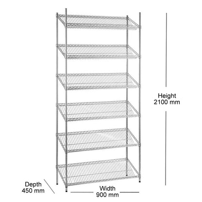 6 Tier Chrome Wire Shelving Unit with Slanted Shelves - H2100 x D450mm