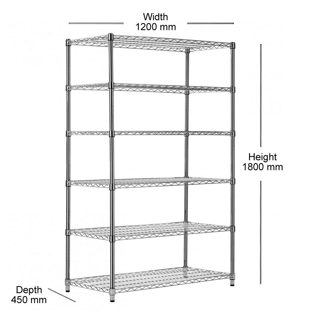 6 Tier Heavy Duty Chrome Wire Shelving Unit - H1800 x D450mm