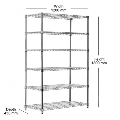 6 Tier Heavy Duty Chrome Wire Shelving Unit - H1800 x D450mm