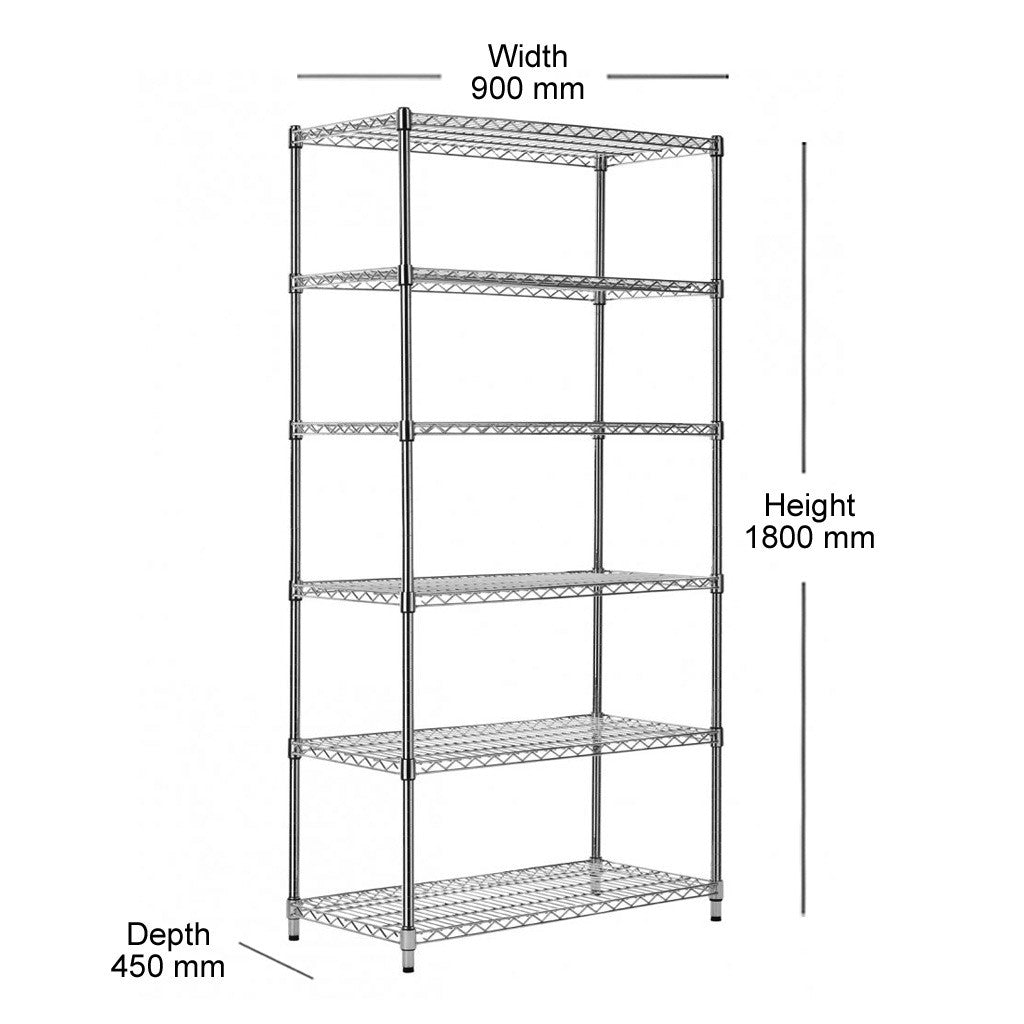 6 Tier Heavy Duty Chrome Wire Shelving Unit - H1800 x D450mm