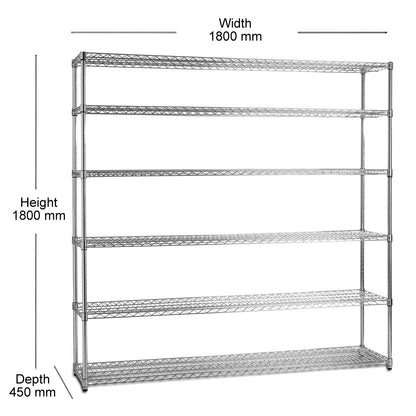 6 Tier Heavy Duty Chrome Wire Shelving Unit - H1800 x D450mm