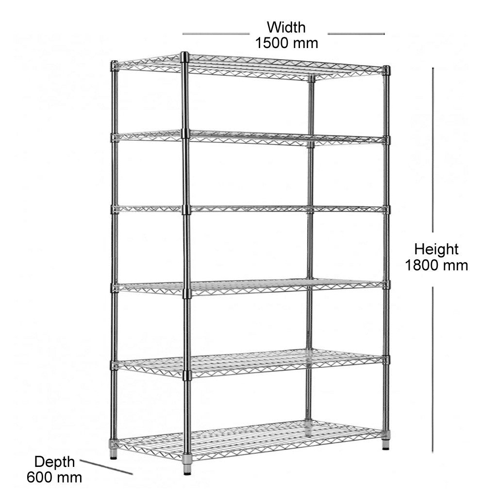 6 Tier Heavy Duty Chrome Wire Shelving Unit - H1800 x D600mm