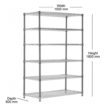 6 Tier Heavy Duty Chrome Wire Shelving Unit - H1800 x D600mm