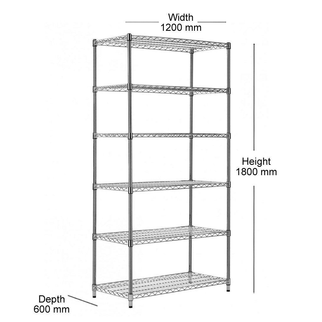 6 Tier Heavy Duty Chrome Wire Shelving Unit - H1800 x D600mm