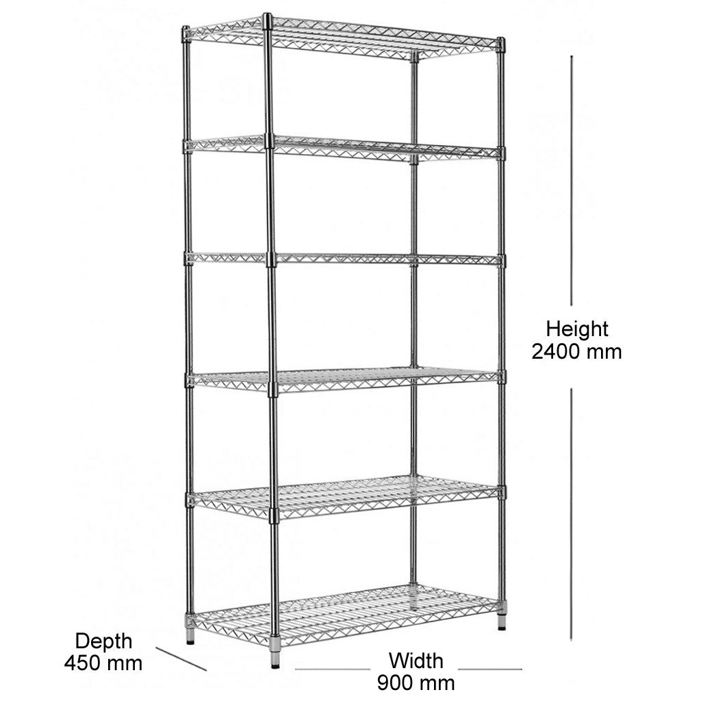 6 Tier Heavy Duty Chrome Wire Shelving Unit - H2400 x D450mm