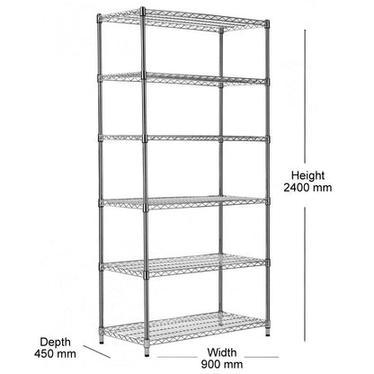 6 Tier Heavy Duty Chrome Wire Shelving Unit - H2400 x D450mm