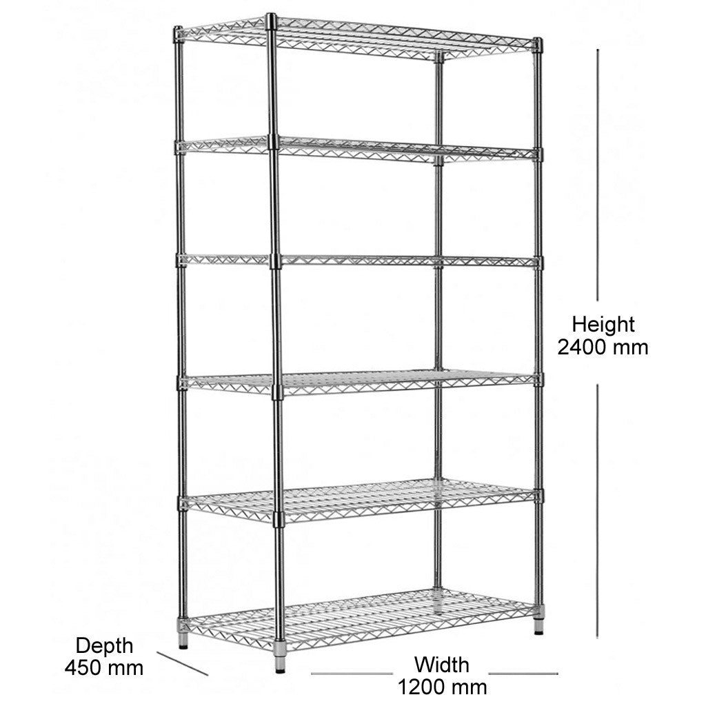 6 Tier Heavy Duty Chrome Wire Shelving Unit - H2400 x D450mm