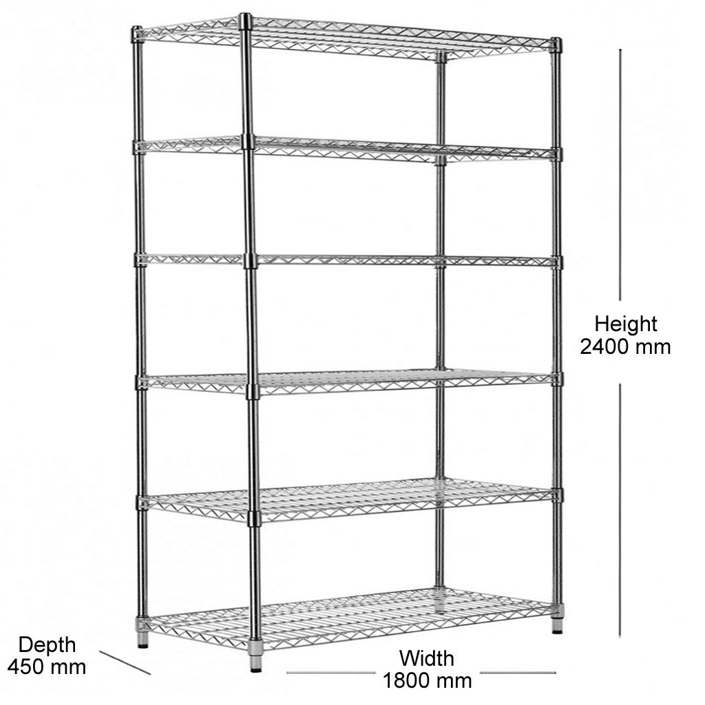 6 Tier Heavy Duty Chrome Wire Shelving Unit - H2400 x D450mm