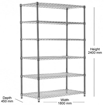 6 Tier Heavy Duty Chrome Wire Shelving Unit - H2400 x D450mm