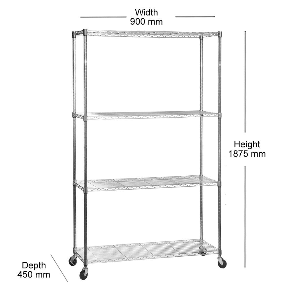 4 Tier Chrome Wire Shelving Unit with Wheels - H1875mm