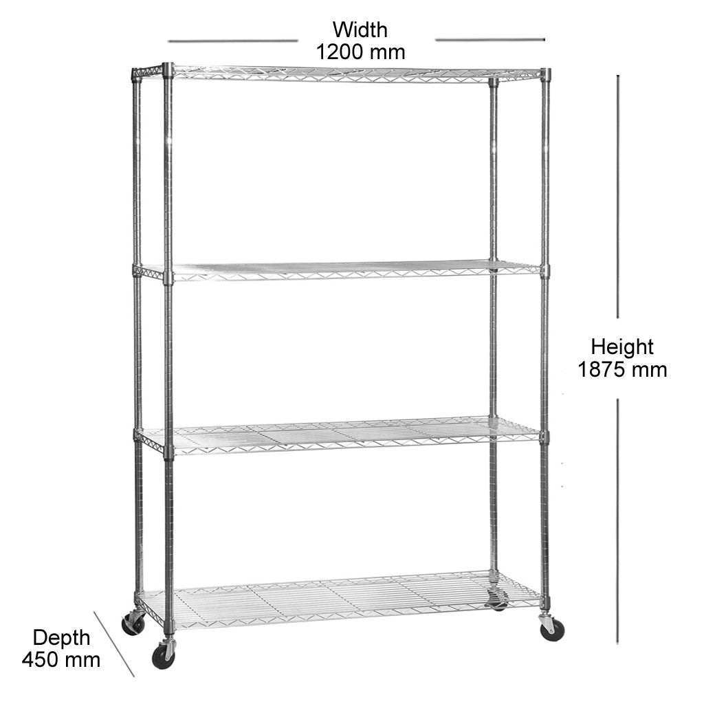 4 Tier Chrome Wire Shelving Unit with Wheels - H1875mm