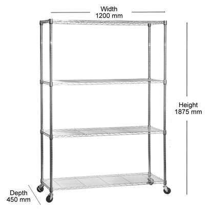4 Tier Chrome Wire Shelving Unit with Wheels - H1875mm