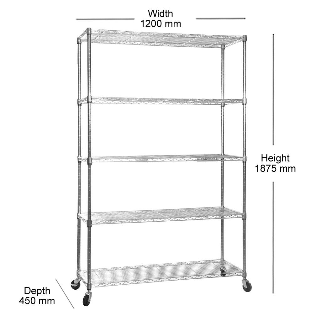 5 Tier Chrome Wire Shelving Unit with Wheels - H1875mm