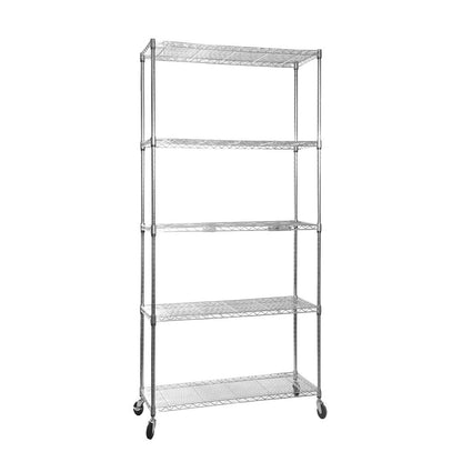 5 Tier Chrome Wire Shelving Unit with Wheels - H1875mm