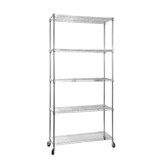 5 Tier Chrome Wire Shelving Unit with Wheels - H1875mm