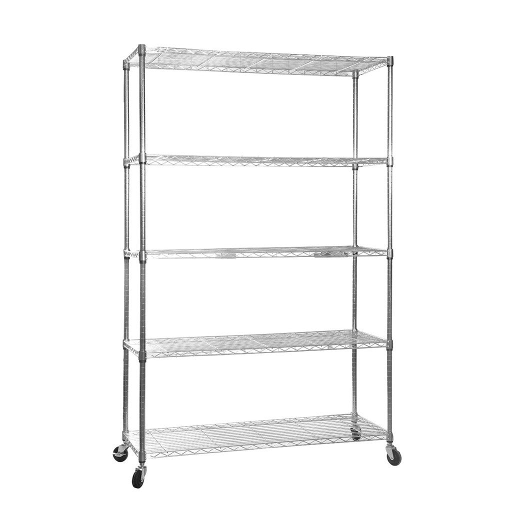 5 Tier Chrome Wire Shelving Unit with Wheels - H1875mm