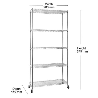 5 Tier Chrome Wire Shelving Unit with Wheels - H1875mm