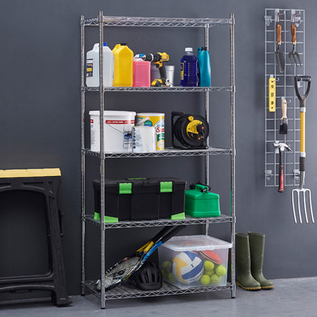 5 Tier Chrome Wire Shelving Unit with Wheels - H1875mm