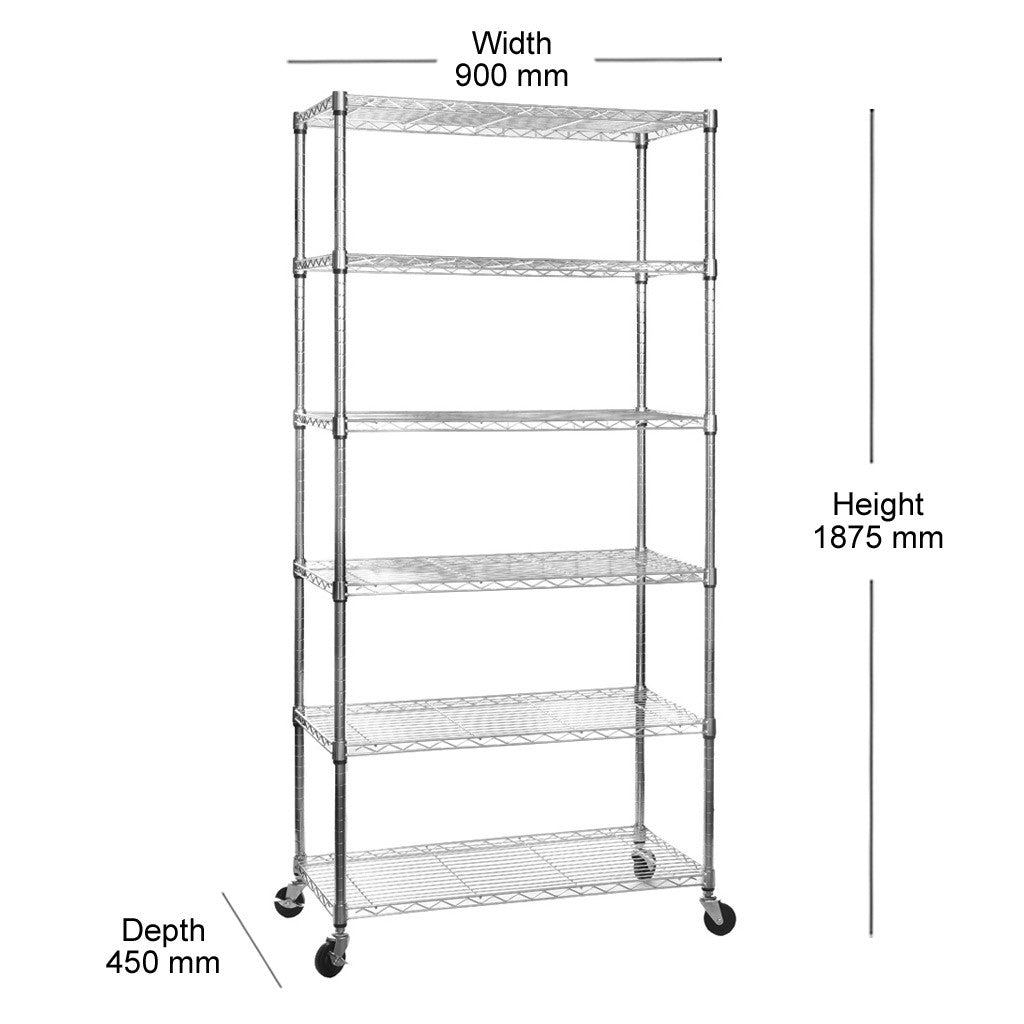 6 Tier Chrome Wire Shelving Unit with Wheels - H1875mm