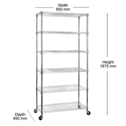 6 Tier Chrome Wire Shelving Unit with Wheels - H1875mm
