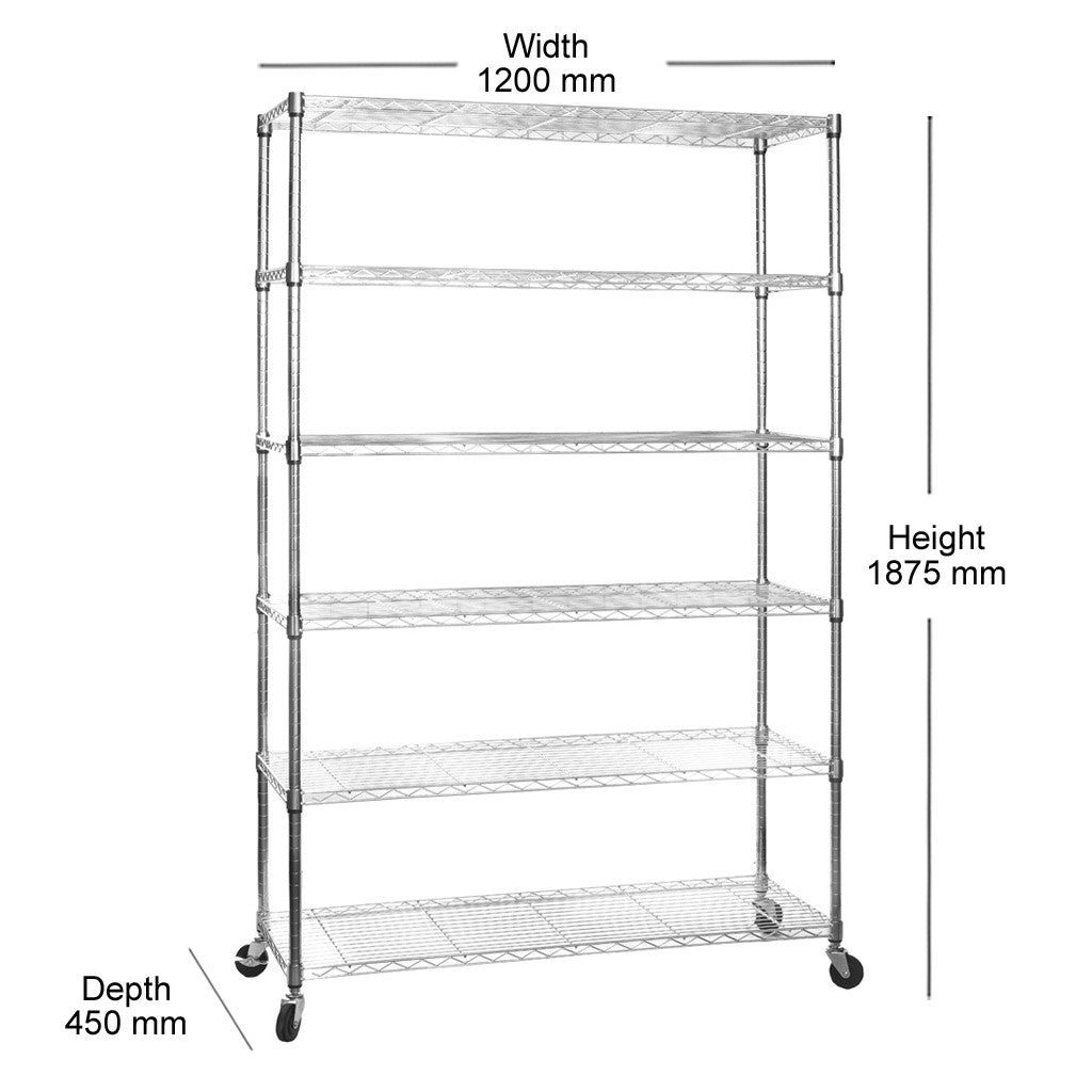 6 Tier Chrome Wire Shelving Unit with Wheels - H1875mm