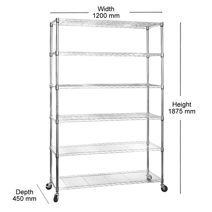6 Tier Chrome Wire Shelving Unit with Wheels - H1875mm