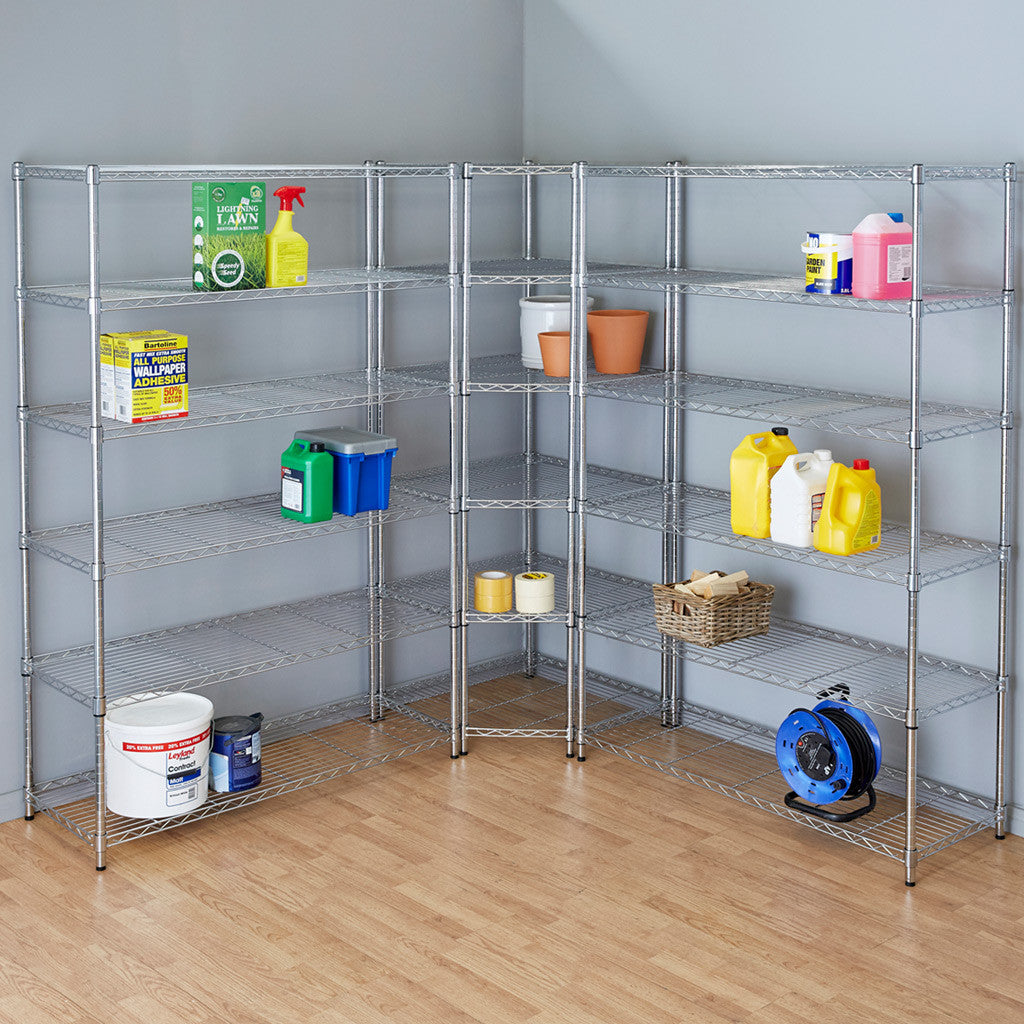 2 x 6 Tier Chrome Wire Shelving Units with 1 x Corner Unit - H1800 x W1880 (each side) x D450mm