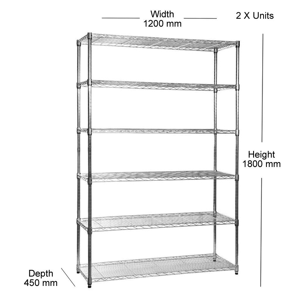 2 x 6 Tier Chrome Wire Shelving Units with 1 x Corner Unit - H1800 x W1880 (each side) x D450mm
