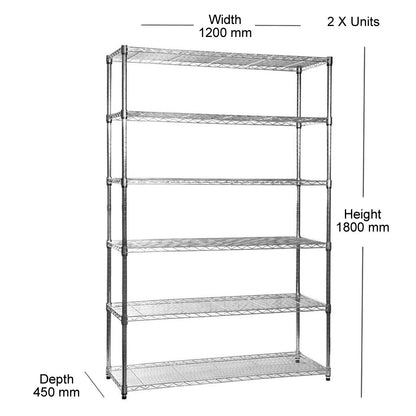 2 x 6 Tier Chrome Wire Shelving Units with 1 x Corner Unit - H1800 x W1880 (each side) x D450mm